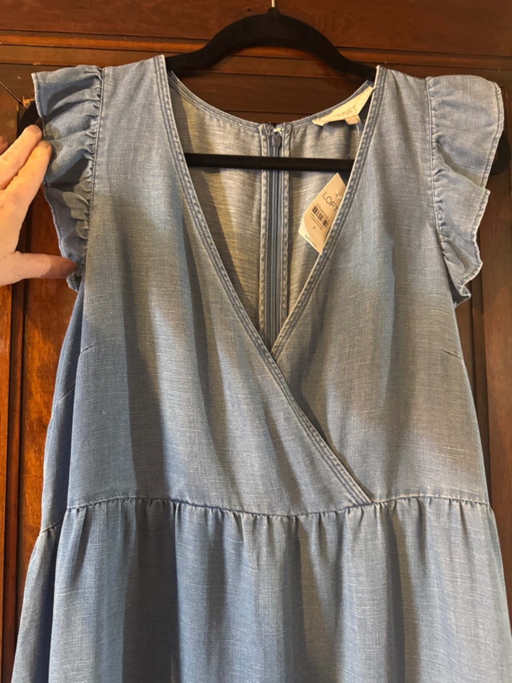 LOFT Light Blue Chambray V-Neck Wrap Top - Picture 2 of 4